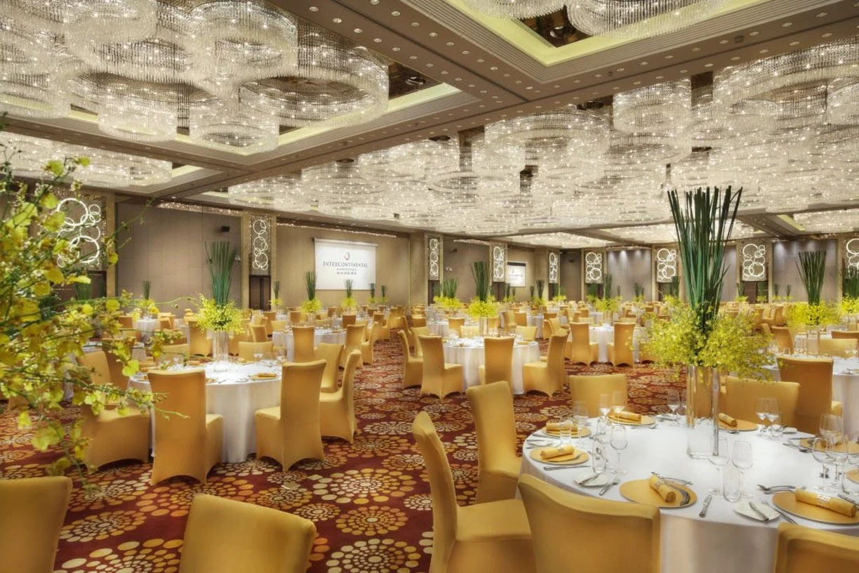 Hotel ballroom with crystal ceiling chandeliers